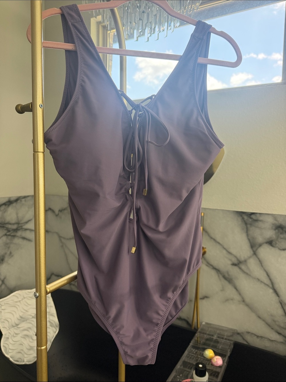 Lace-Up Violet One-Piece Swimsuit - Scoop Neck